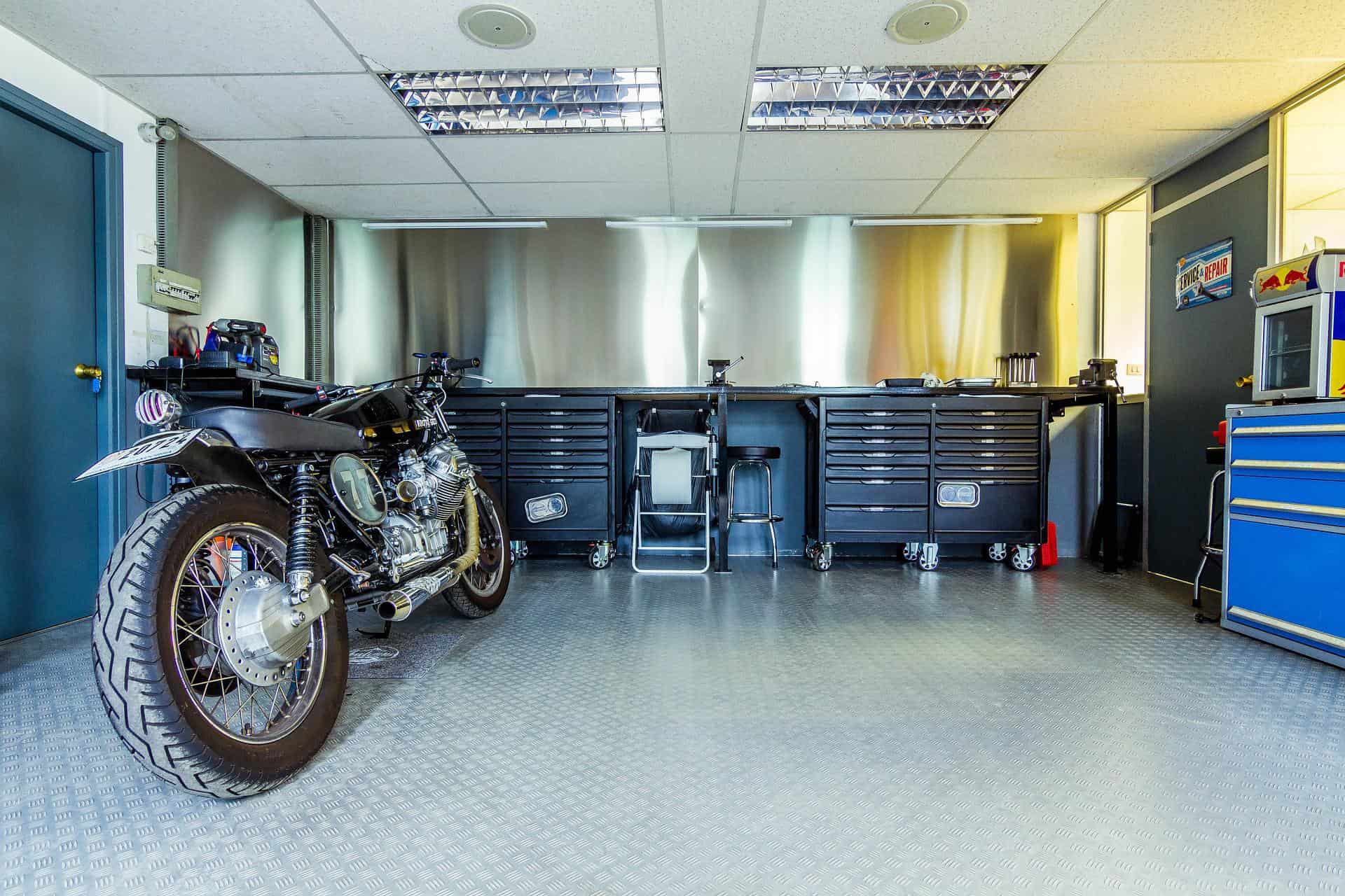 Organized garage with motorcycle